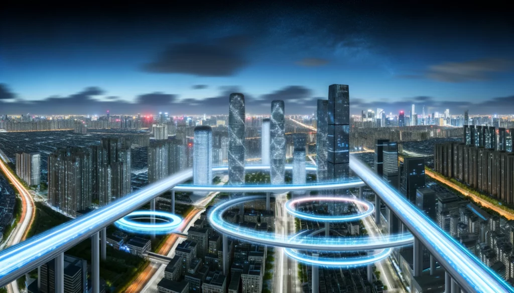 Panorámica nocturna de ciudad futurista con tecnología avanzada, rascacielos iluminados y sistemas de transporte de alta velocidad