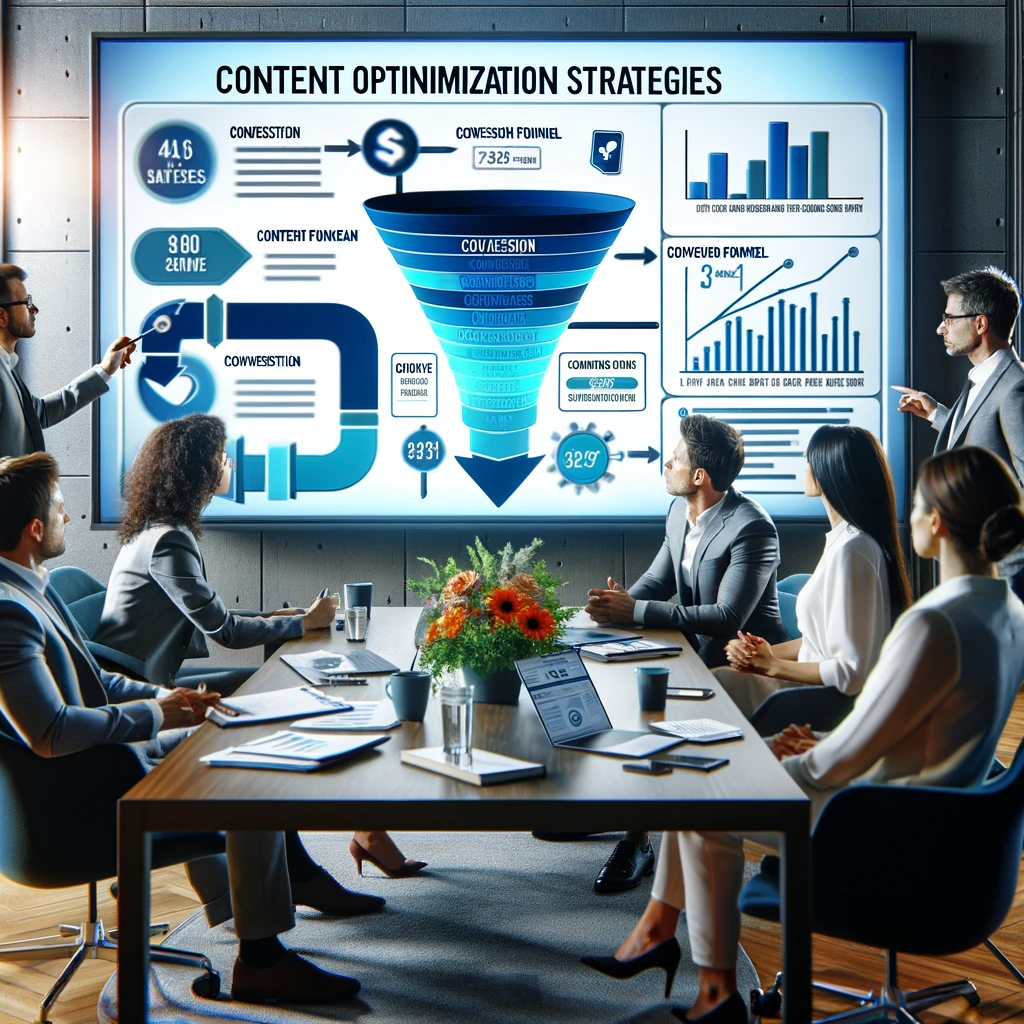 Equipo de marketing discutiendo estrategias de optimización de contenido