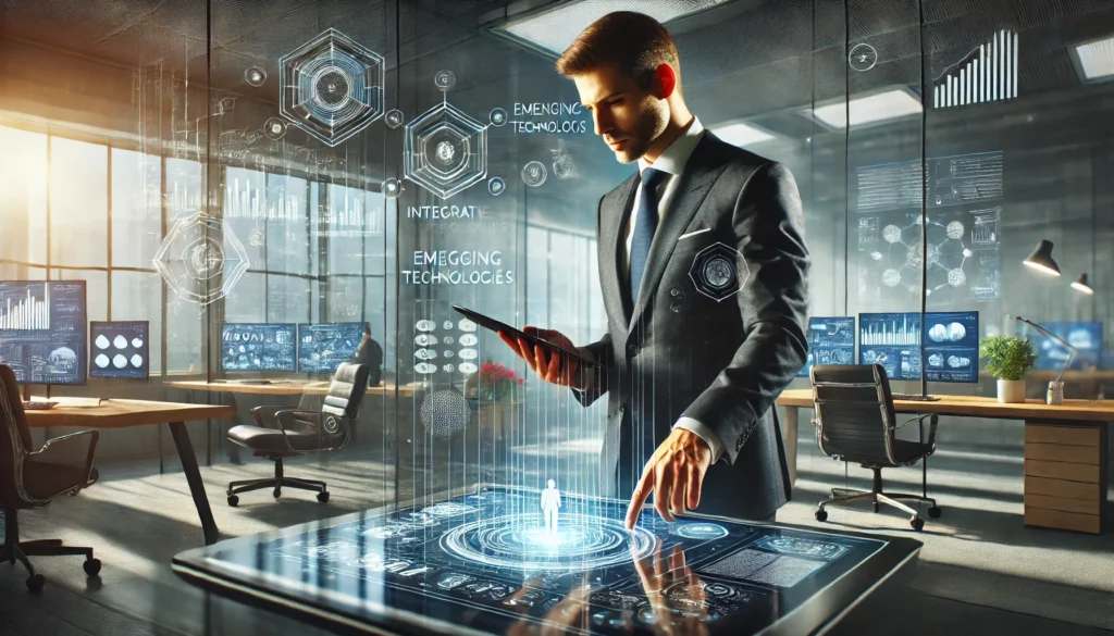 A realistic photograph of a businessman in a modern office, planning to integrate emerging technologies into his organization. The businessman is looking at a tablet displaying data and holographic charts. The office is equipped with advanced technology, including multiple screens showing analytics and futuristic gadgets